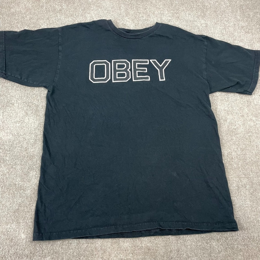 Vintage 1989 Obey T-Shirt Men L Black Pigment-Dyed Big Logo Graphic Short Sleeve
